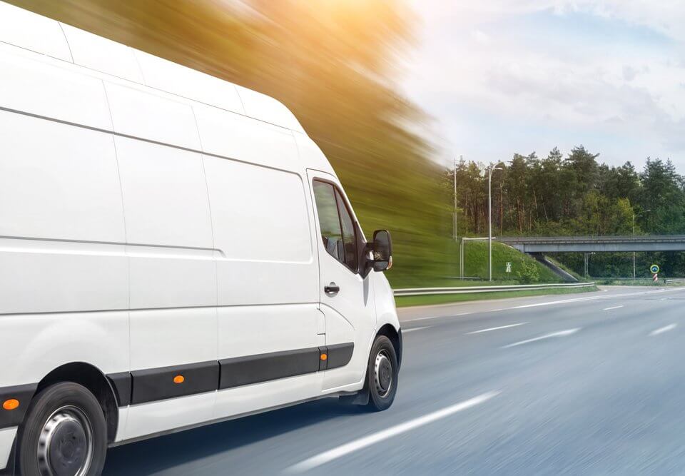 transit van delivery vehicle for commercial courier services for scheduled local or long-distance b2b shipments for businesses of all sizes