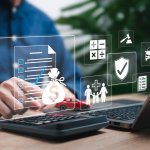 A person typing away at a laptop with several illustrations involving money, health, and other crucial aspects of buisness growth