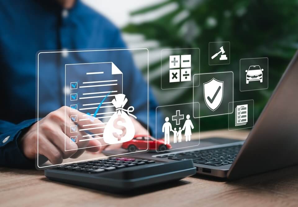 A person typing away at a laptop with several illustrations involving money, health, and other crucial aspects of buisness growth