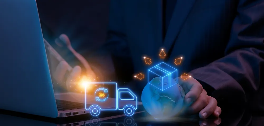 An illustration of a delivery truck, boxes, and the globe to represent logistics