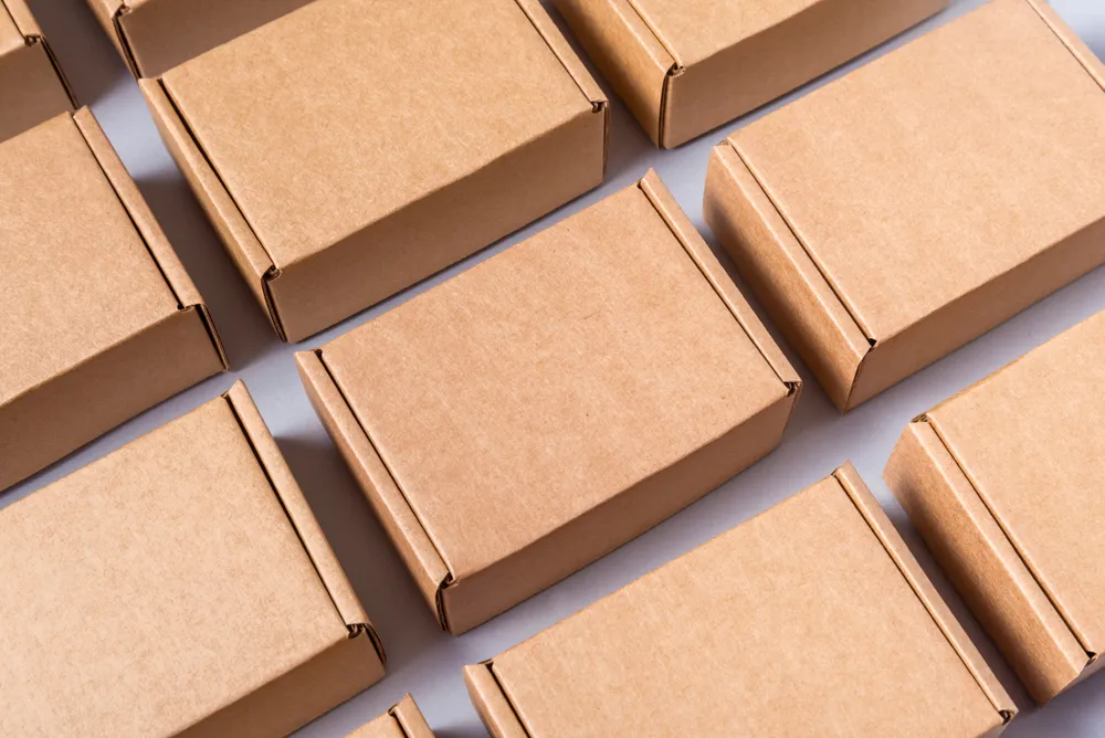 A series of boxes in a packing line